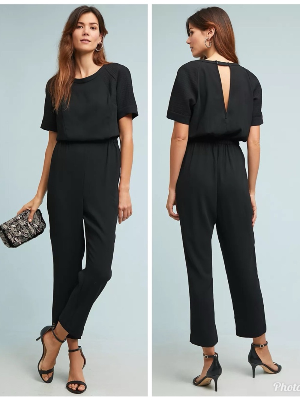 by Anthropologie Allegory Women's Black Short Sleeve Textured Jumpsuit